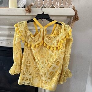 Alexis lace off the shoulder Pom Pom Blouse flutter sleeve Women’s Medium Easter